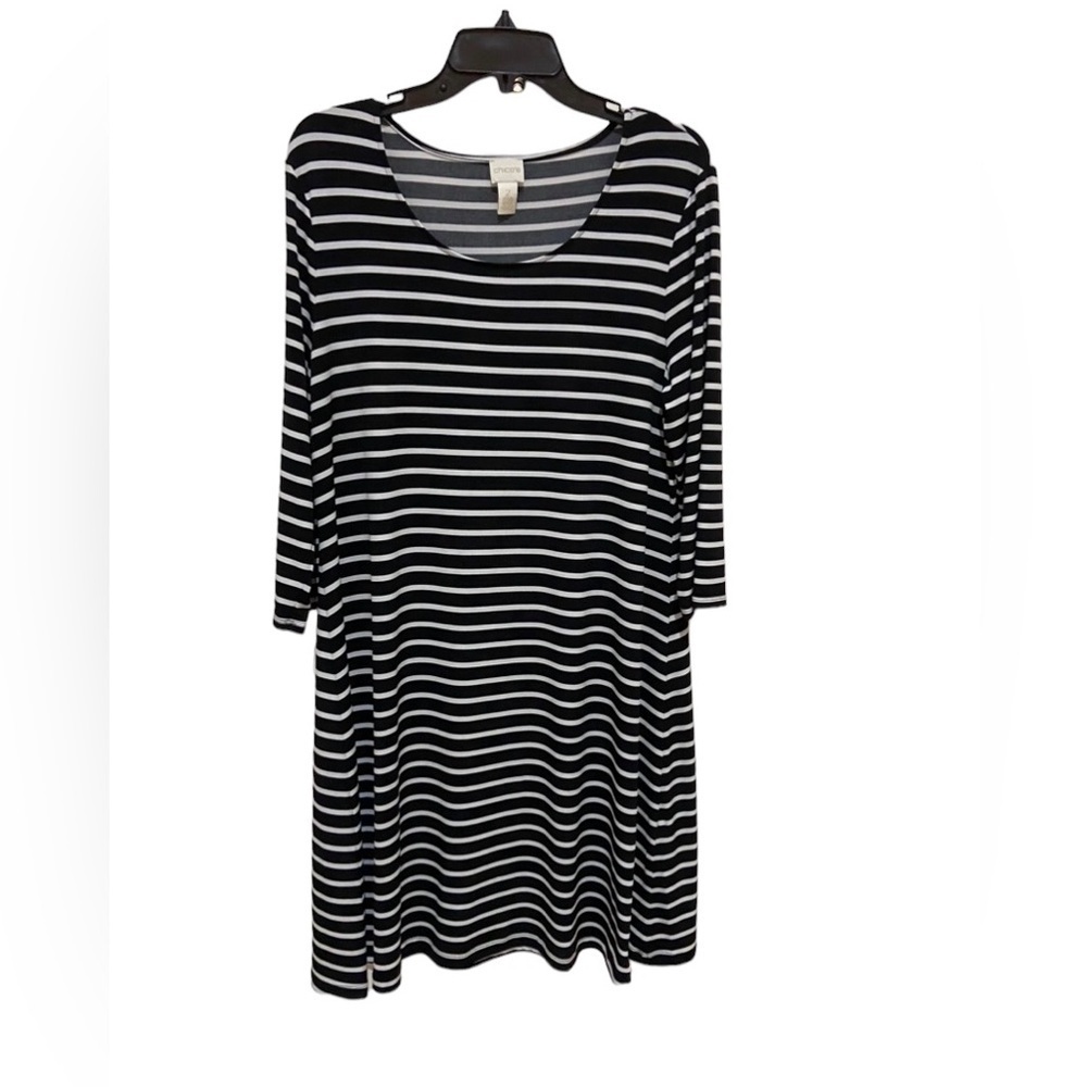 Chicos Size 2 Medium Dress Striped Black White Stretch Fit And Flare Tunic